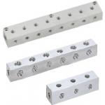 Verteilerblöcke / Aluminium / unbehandelt, eloxiert / 2 Einlässe / Auslässe 2 Seiten 90° / Anzahl Auslässe wählbar / Montagebohrung wählbar